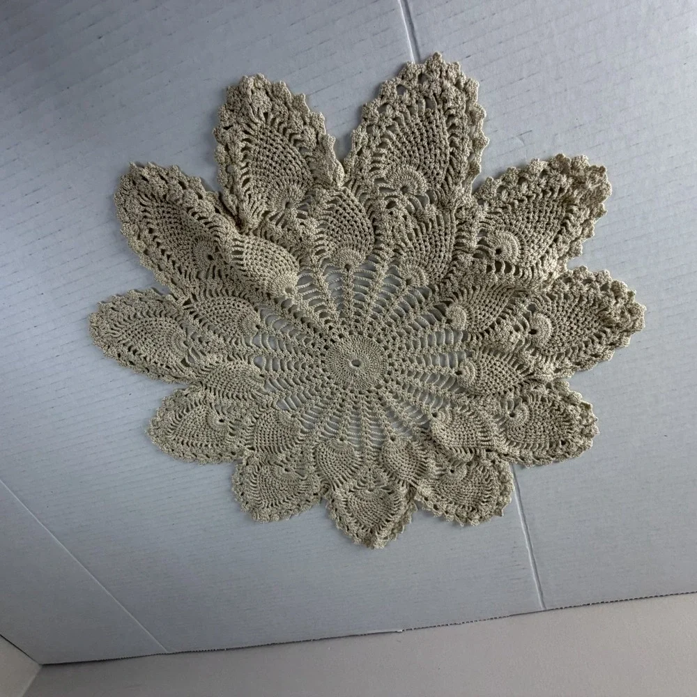 Vintage Star Shape Crochet Lace Doilie 16 Inch Victorian Cream Beige Cottagecore